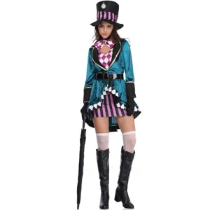 Detailed view of the magical cosplay costume featuring teal velvet coat and tall hat.