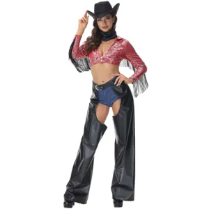 Detailed view of women's cowgirl costume set with fringe top and chaps for festival.