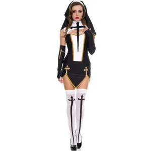 Sexy nun costume set for women, Halloween cosplay outfit with dress, headpiece and stockings.