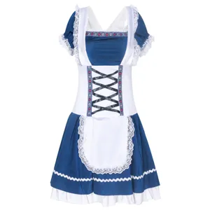 Robe Dirndl de l'Oktoberfest pour Femmes Costume de Fille de la Bière Bavaroise Bleu Blanc Dentelle Cosplay Party Outfit Robe de Festival Avec Tablier
