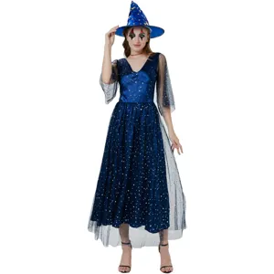 Στολή μάγισσας Halloween για γυναίκες, μπλε μακρύ φόρεμα με αστέρια και μυτερό καπέλο.