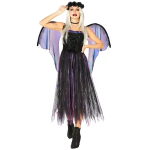 Dunkler Engel Kostüm Damen Halloween Geisterbraut Cosplay Kleid mit Flügeln und Haarreif