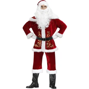 Men Christmas Santa Claus Costume Plus Size Velvet Red Suit Printed Holiday Outfit