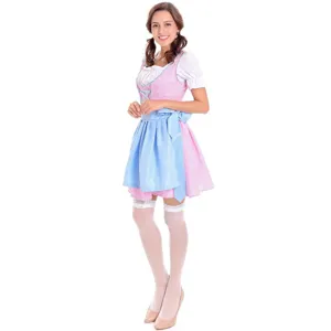 Pink and blue Oktoberfest dirndl costume, cute maid cosplay dress with white stockings.