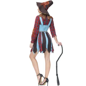Halloween scarecrow witch costume detail view, featuring plaid shirt and blue dress for cosplay.