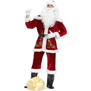 Men's Santa Claus costume detail showing plush red velvet coat and gold print trim for cosplay.