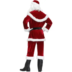 Back view detail of red velvet Santa Claus costume jacket and trousers with white trim.