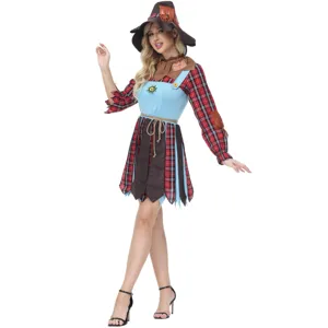 Halloween scarecrow costume for women, cute plaid shirt and blue dress set for party cosplay.