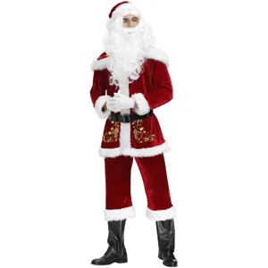 Details of mens Christmas Santa costume, red velvet fabric and white faux fur trim style.