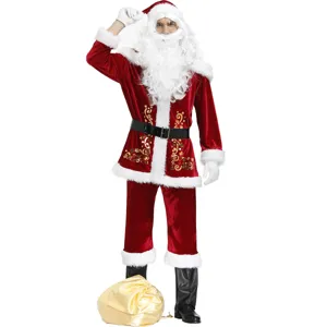 Detailed view of men's Christmas Santa costume set, showing plush velvet texture and accessories.