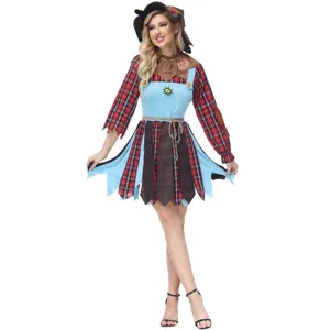 Halloween scarecrow costume for women cosplay outfit plaid dress hat party apparel