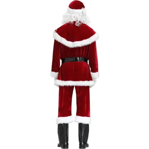 Men plus size Santa Claus cosplay costume detail back view red velvet suit set holiday outfit