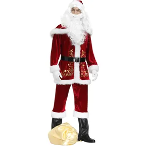 Men's Christmas Santa Claus costume set with red velvet jacket, trousers, hat and golden sack.