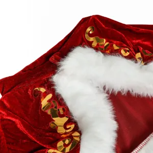 Detail view of Christmas costume plush trim and gold foil print on red velvet fabric.