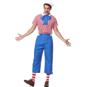 Costume de Cosplay pour Hommes Haut et Bas Style Raggedy Andy Chemise à Carreaux Pantalon Bleu Ensemble Nœud Papillon Chapeau