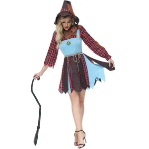 Halloween scarecrow costume detail view, featuring plaid top, blue dress, and matching hat.