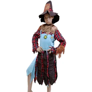 Kids Halloween scarecrow costume set with pointed hat plaid shirt and dress for cosplay party.