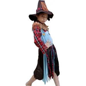 Halloween children scarecrow costume detail view, matching plaid shirt and witch hat.