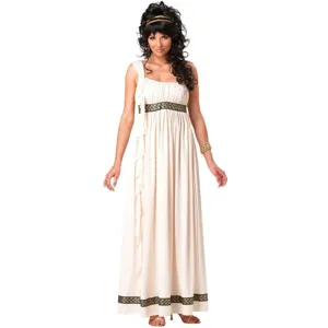 Greek goddess costume for women, elegant white long dress with gold trim for Halloween party.