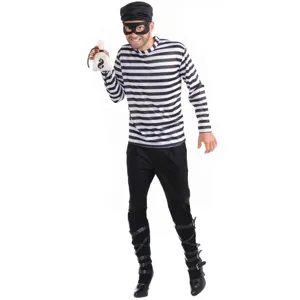 Burglar costume set featuring black and white striped long sleeve shirt, mask, and money bag.