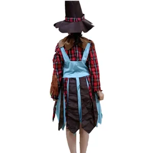 Detailed view of Halloween witch scarecrow cosplay costume showing back design and hat.