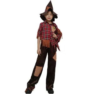 Details of the Halloween scarecrow costume feature plaid shirt, fringe, and pointy hat.