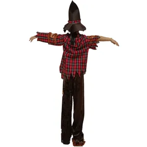 Detailed view of the Halloween scarecrow costume featuring a plaid shirt and pointed hat.