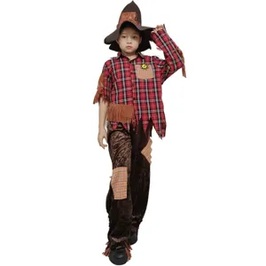 Halloween scarecrow costume detail view, featuring plaid shirt and patch pants for kids.