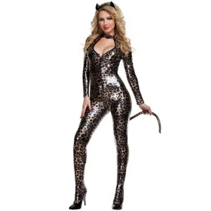 Leopard print sexy catsuit costume with tail and ears for women party cosplay role play.