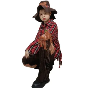 Kids Halloween scarecrow costume set featuring plaid shirt and fringe hat for party.
