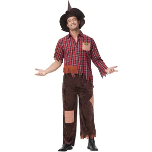 Men Halloween Scarecrow Costume Set Checkered Shirt Patch Pants Carnival Cosplay.
