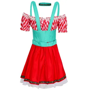 Detailed view of the Oktoberfest beer maid costume with red gingham top and green straps.