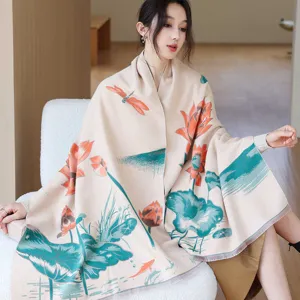 Detailed view of the Chinese style floral printed thick cashmere feel shawl and winter scarf.