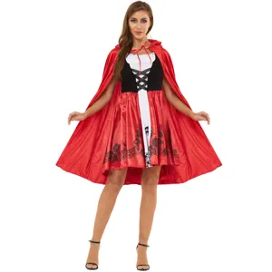 Red Riding Hood costume set detail featuring hooded cape and dress for Halloween cosplay event.