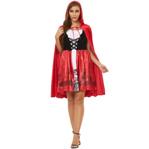 Detail view of the red hooded cape and lace bodice on the Halloween cosplay dress costume.