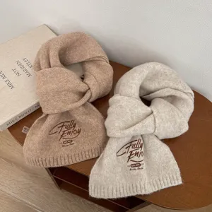 Korean style solid color embroidered knitted thick warm winter scarf for women detail view