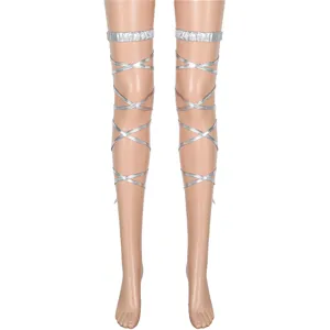 Silver metallic lace-up leg straps thigh garter harness sexy costume accessory for women.