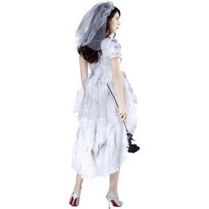 Halloween Geisterbraut Kostüm Detailansicht, graues asymmetrisches Kleid mit Schleier.
