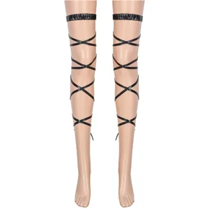 Black patent leather leg harness straps, sexy garter belt straps for cosplay costume outfits.
