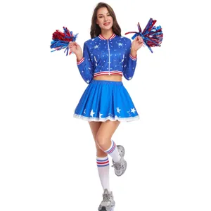 Costume de Cheerleader USA pour Femmes Imprimé Étoiles Jupe Plissée Top And Bottom pour Performance Scénique Uniforme de Cheerleading Party