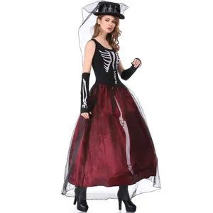 Γυναικεία στολή σκελετός νύφη φάντασμα Halloween λεπτομέρεια, φόρεμα cosplay με πέπλο.