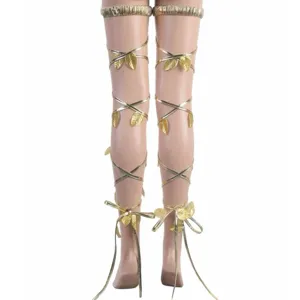 Golden leaf leg wraps lace-up ribbon thigh high stockings cosplay costume accessories