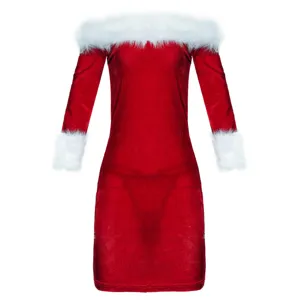 Donna Natale manica lunga abito in velluto rosso con bordo in pelliccia sintetica