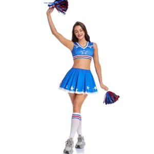 Ensemble de costume de pom-pom girl bleu avec haut court, jupe plissée et pompons.
