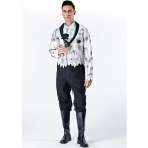 Detailansicht des Halloween Herren Vampir Bräutigam Kostüms mit grauer Jacke und Stiefeln.