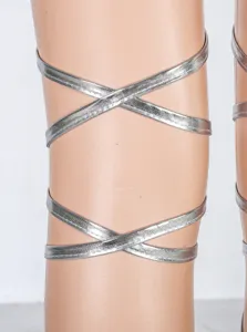 Silver metallic criss-cross leg straps harness detail, sexy body accessory for party.