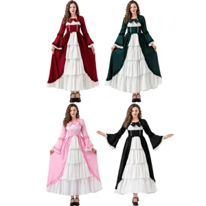Costume de Reine Gothique du Palais Médiéval pour Femmes Robe Lolita Vintage Manches Évasées Longues Volants Robe Maxi à Étages pour Cosplay d'Halloween