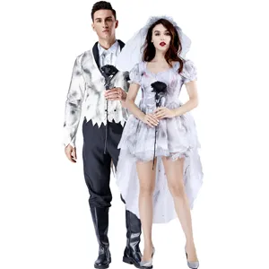 Halloween Geist Braut Bräutigam Kostüm Set Böser Vampir Zombie Cosplay Outfit Grau Bedrucktes Kleid Für Damen Herren Party