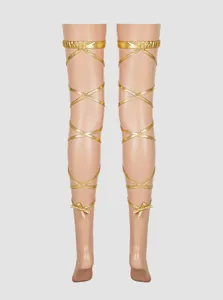 Shiny gold metallic lace-up leg straps and thigh high stockings for sexy cosplay party