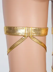 Gold shiny thigh garter strap for sexy lingerie and cosplay costumes, durable elastic design.
